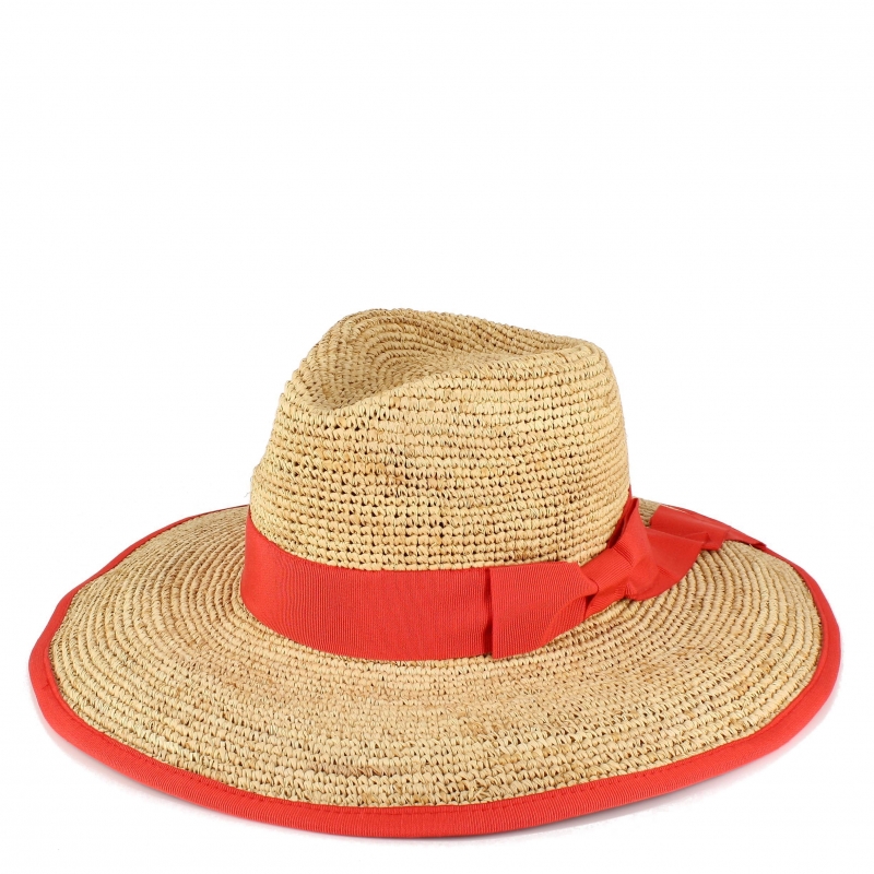 Natural raffia straw hat for women with wide brim and grosgrain ribbon