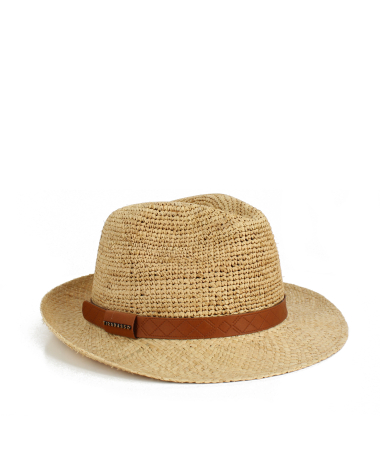 Natural raffia straw hat with geometric designs strap