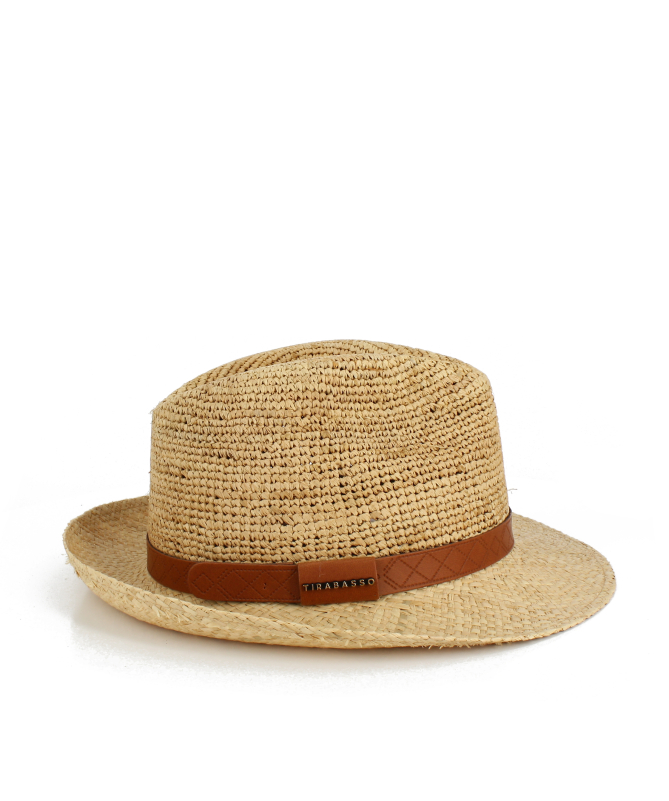 Natural raffia straw hat with geometric designs strap