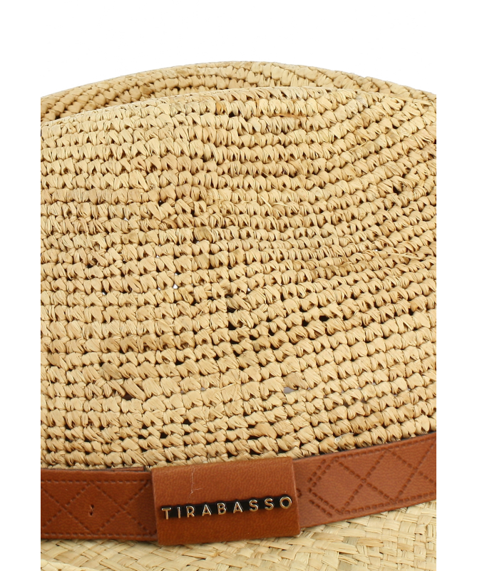 Natural raffia straw hat with geometric designs strap
