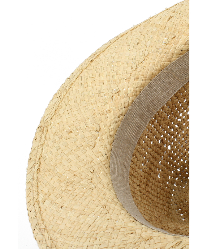 Natural raffia straw hat with geometric designs strap
