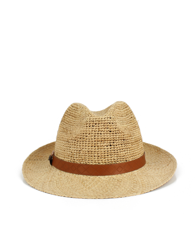 Natural raffia straw hat with geometric designs strap