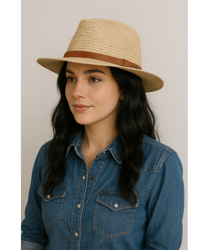 Natural raffia straw hat with geometric designs strap
