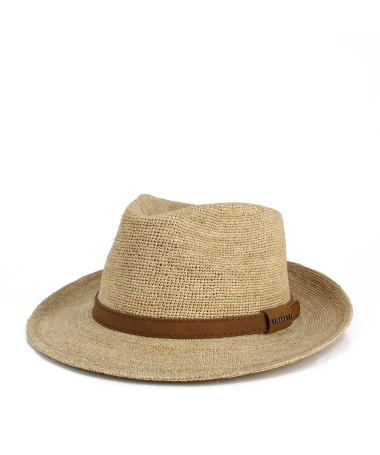 Natural Raffia Fedora Hat with Brown Faux Leather