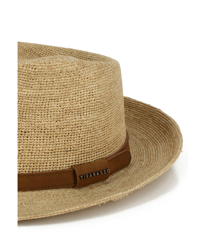 Natural Raffia Fedora Hat with Brown Faux Leather