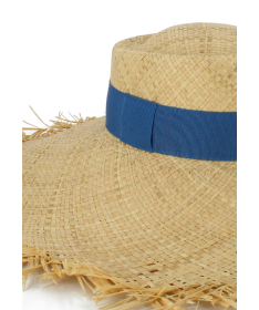 Women's wide-brimmed fringed straw hat with sun and sea motifs