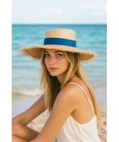 Women's wide-brimmed fringed straw hat with sun and sea motifs