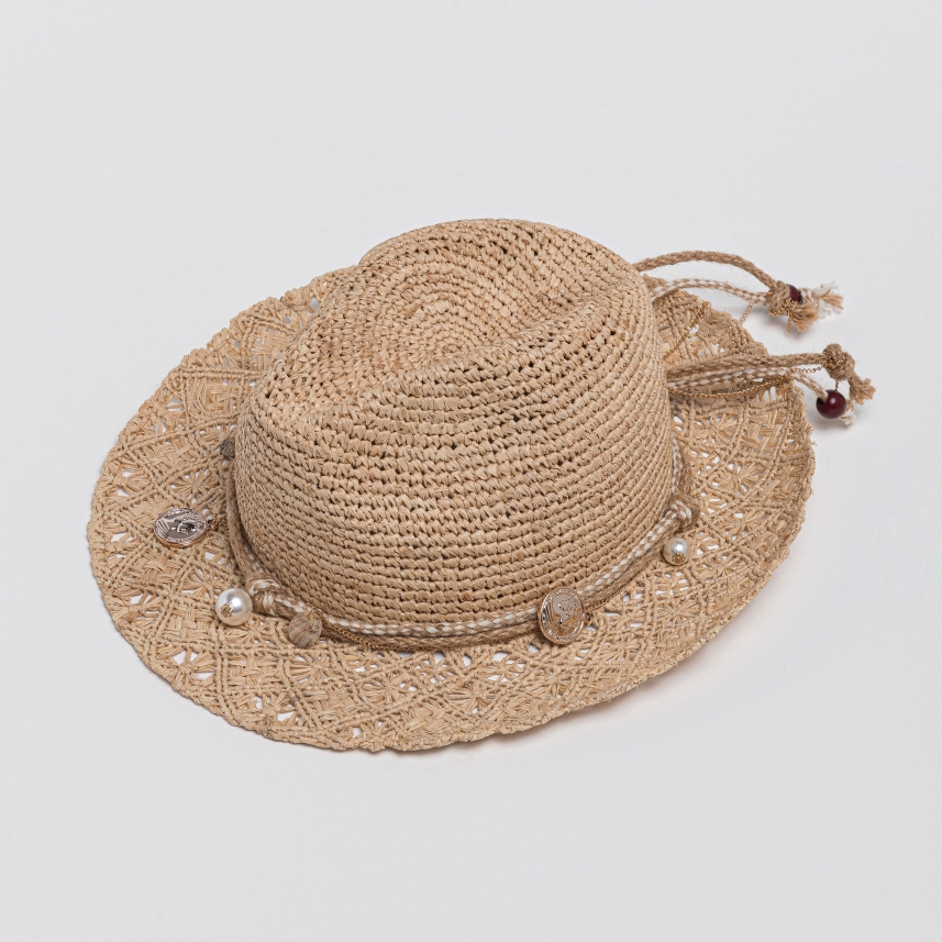 100% natural raffia hat with woven brim
