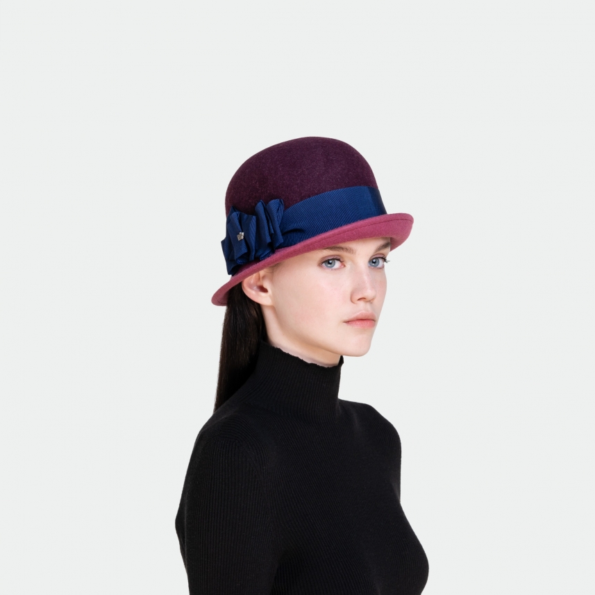 Cappello in feltro da donna testa tonda guarnizione gros grain