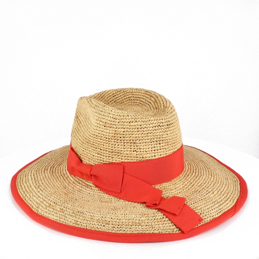 Natural raffia straw hat for women with wide brim and grosgrain ribbon