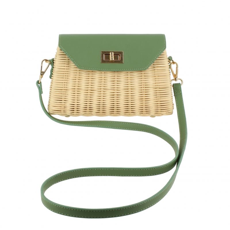 Women's handbag with rattan and eco-leather shoulder strap