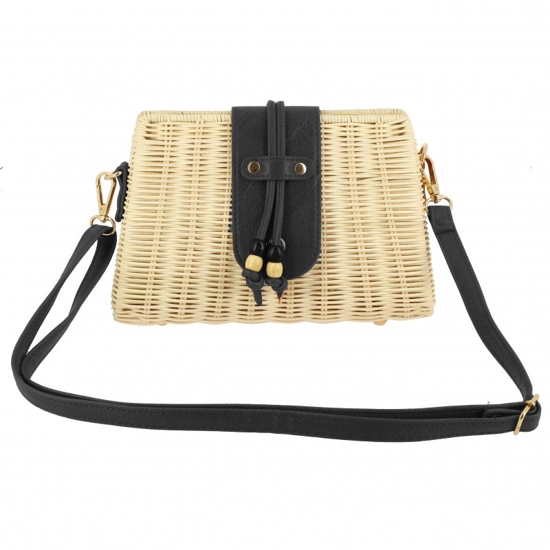 Women's handbag with rattan and eco-leather shoulder strap clip closer